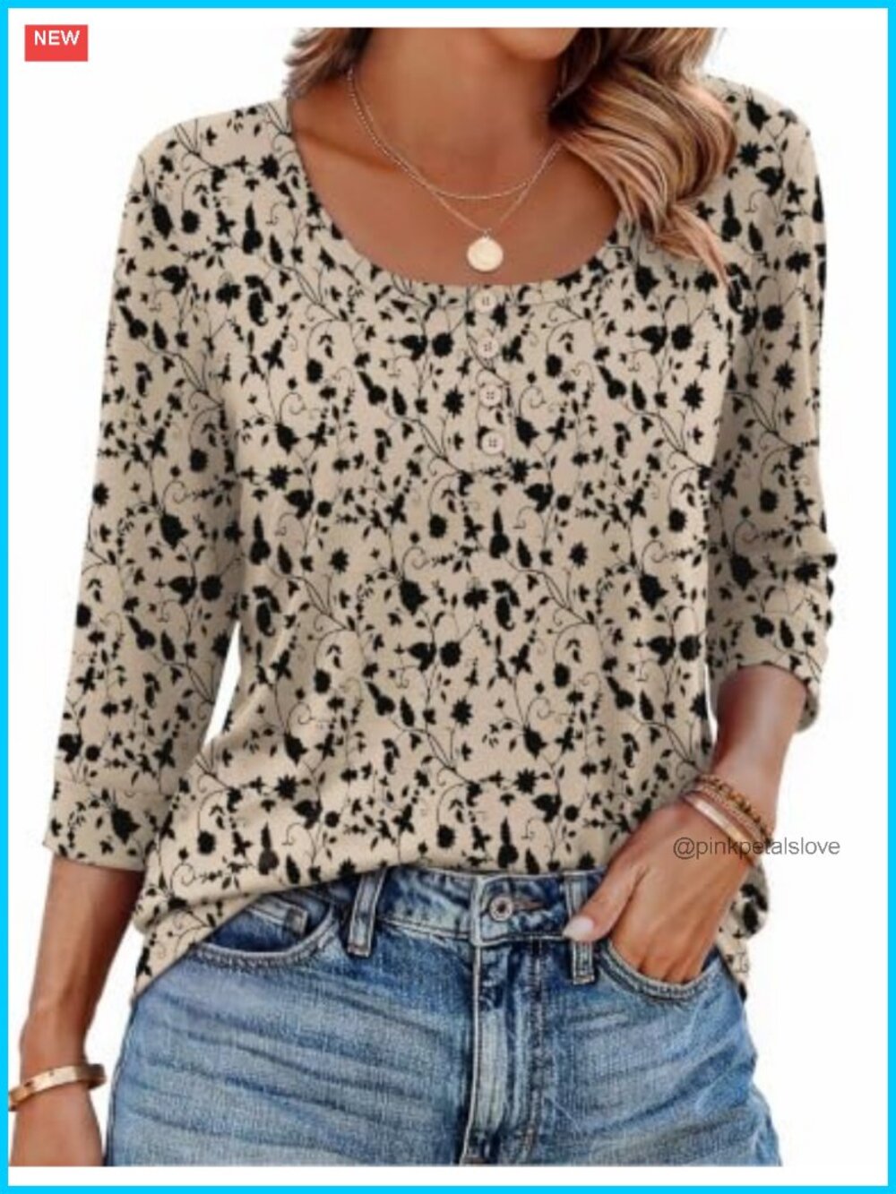 Ekouaer Womens 3/4 Sleeve Tunic Top Scoop Neck Henley Blouse Casual